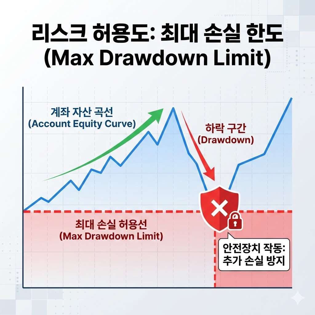 자동매매 리스크 관리 개념도, 최대 손실 허용치(Max Drawdown) 설정 및 자산 방어선