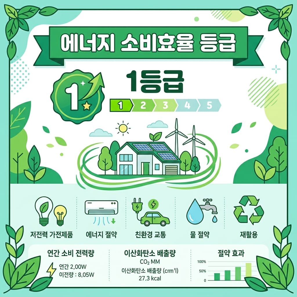 소형 창문형 에어컨의 에너지 효율 1등급 및 소비전력량 인포그래픽