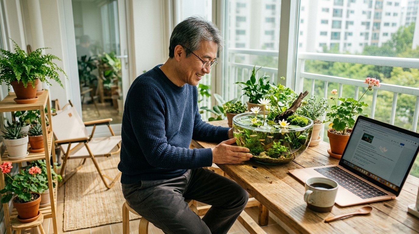 베란다 미니 수반에서 메다카를 돌보며 힐링하는 운영자의 일상